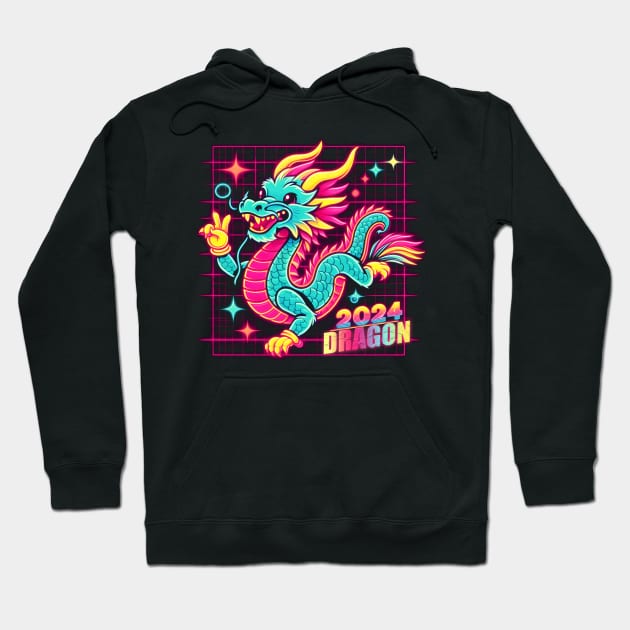 CUTE YEAR OF THE DRAGON 2024 80'S NEON VIBE RETRO Hoodie by athirdcreatives